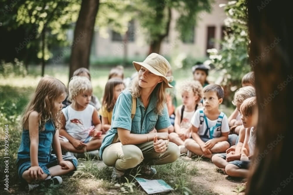 Embrace Minimalism: A Journey from $20,000 Debt to Financial Freedom 8 a preschool teacher with young young children outdoors in nature, leisure activities or school class. Generative AI