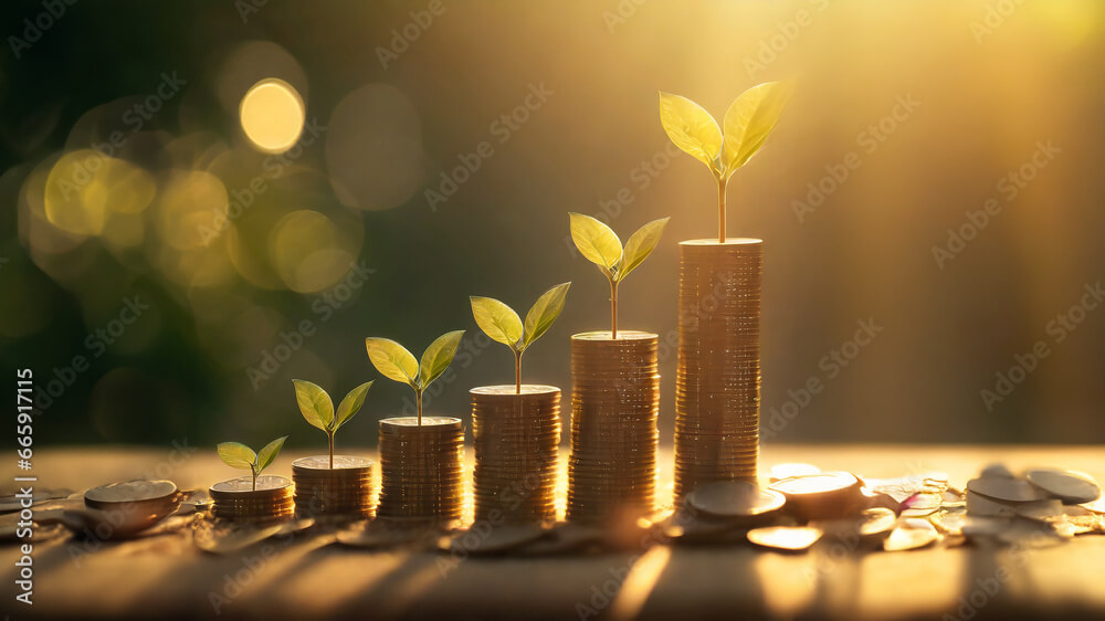Top 5 Dividend ETFs for Long-Term Investors: A Comprehensive Guide 24 coins with money growing plant concept finance and banking. concept interest rates and dividends ,investment growth percentage and interest on deposits. Generative AI.